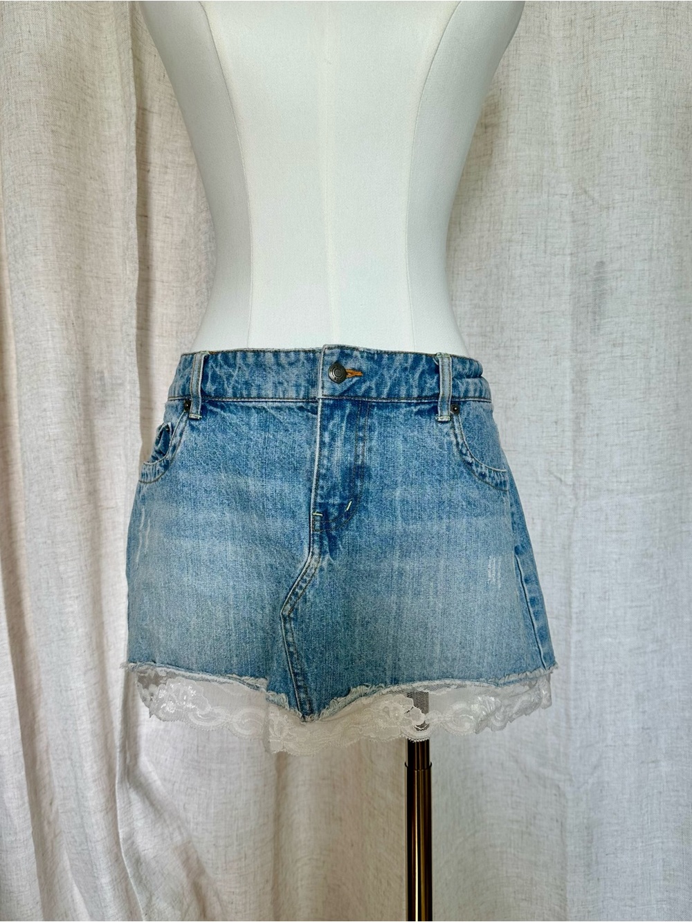 Y2K SO Light Blue Denim Mini Skirt with White Lace Trim